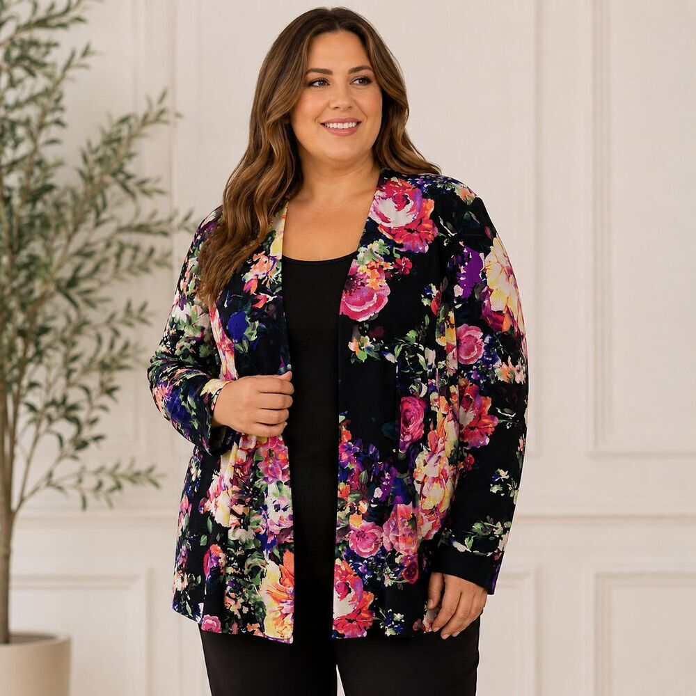 Alex Evenings Floral Open Front Jacket Topper Cardigan Black 2X Stretch Formal